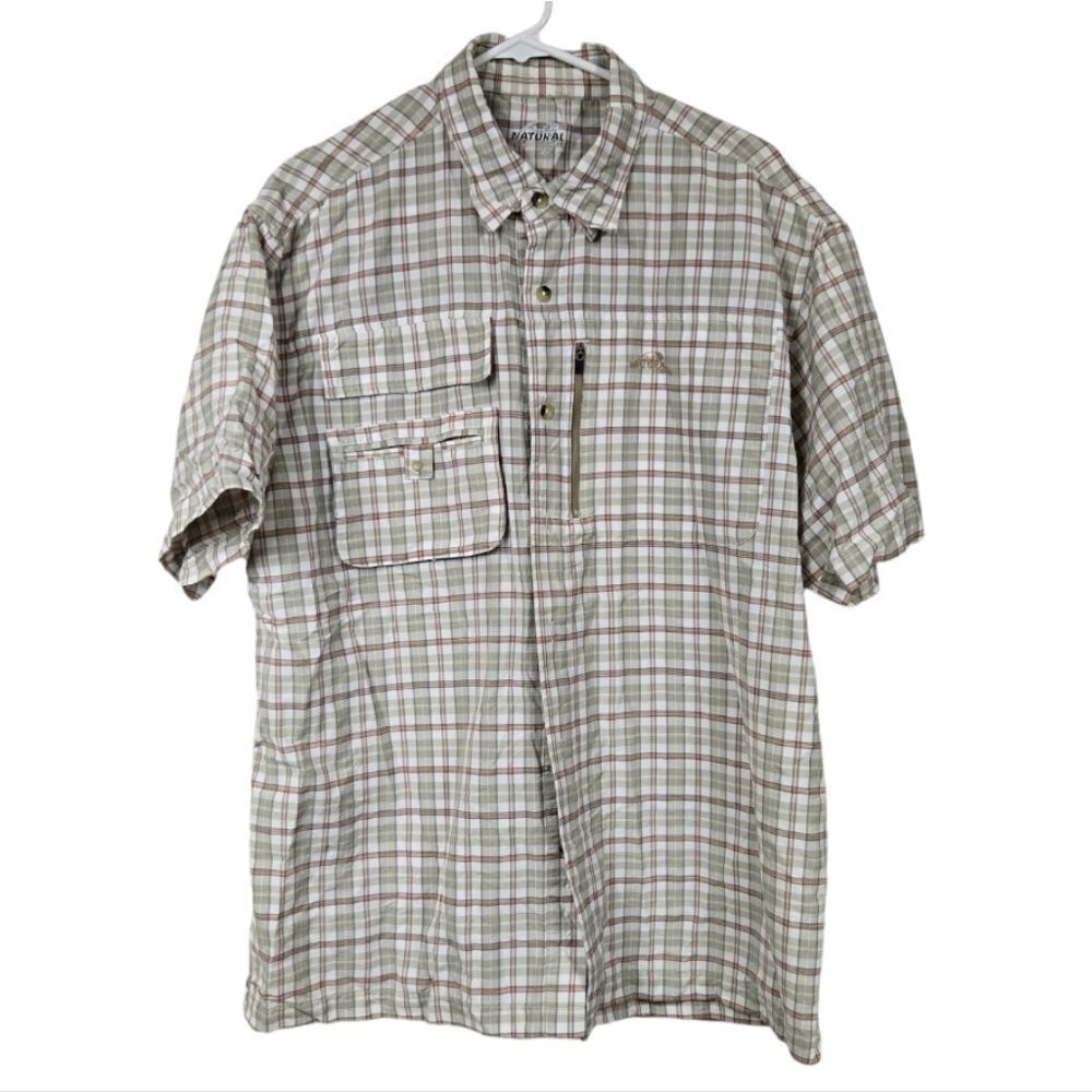 Natural Gear Fishing Shirt Men’s Large Vented Zip Pocket Short Sleeve Tan Plaid